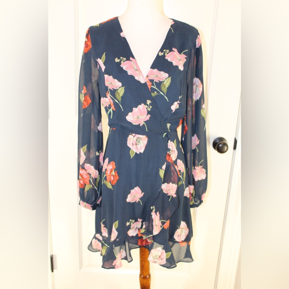 Lulus In Full Bloom Navy Blue Floral Print Long Sleeve Mini Dress size small